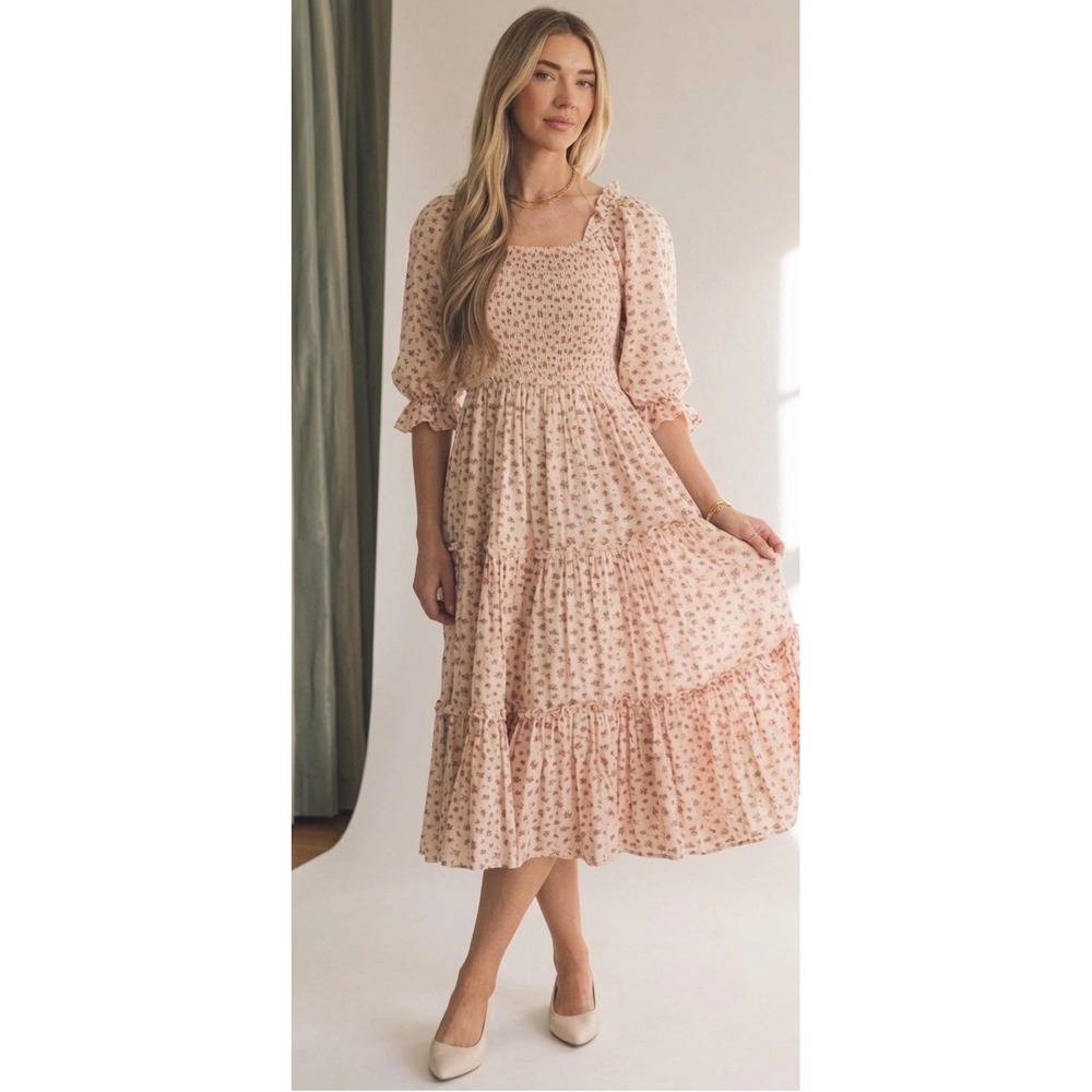 Ivy City Co Madeline Smocked Tiered Dress in Pink Floral Size XS
